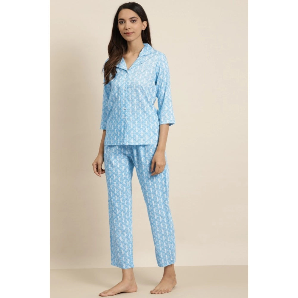 Women's Casual 3/4 Th Sleeve Floral Printed Rayon Shirt — Blue