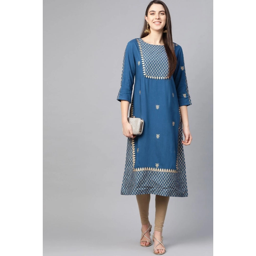 Women's Casual 3/4 Th Sleeve Floral Printed Rayon Kurti — Blue