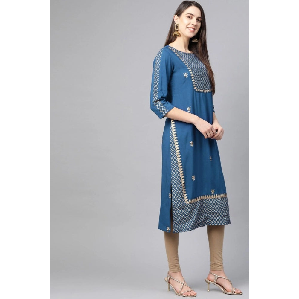 Women's Casual 3/4 Th Sleeve Floral Printed Rayon Kurti — Blue