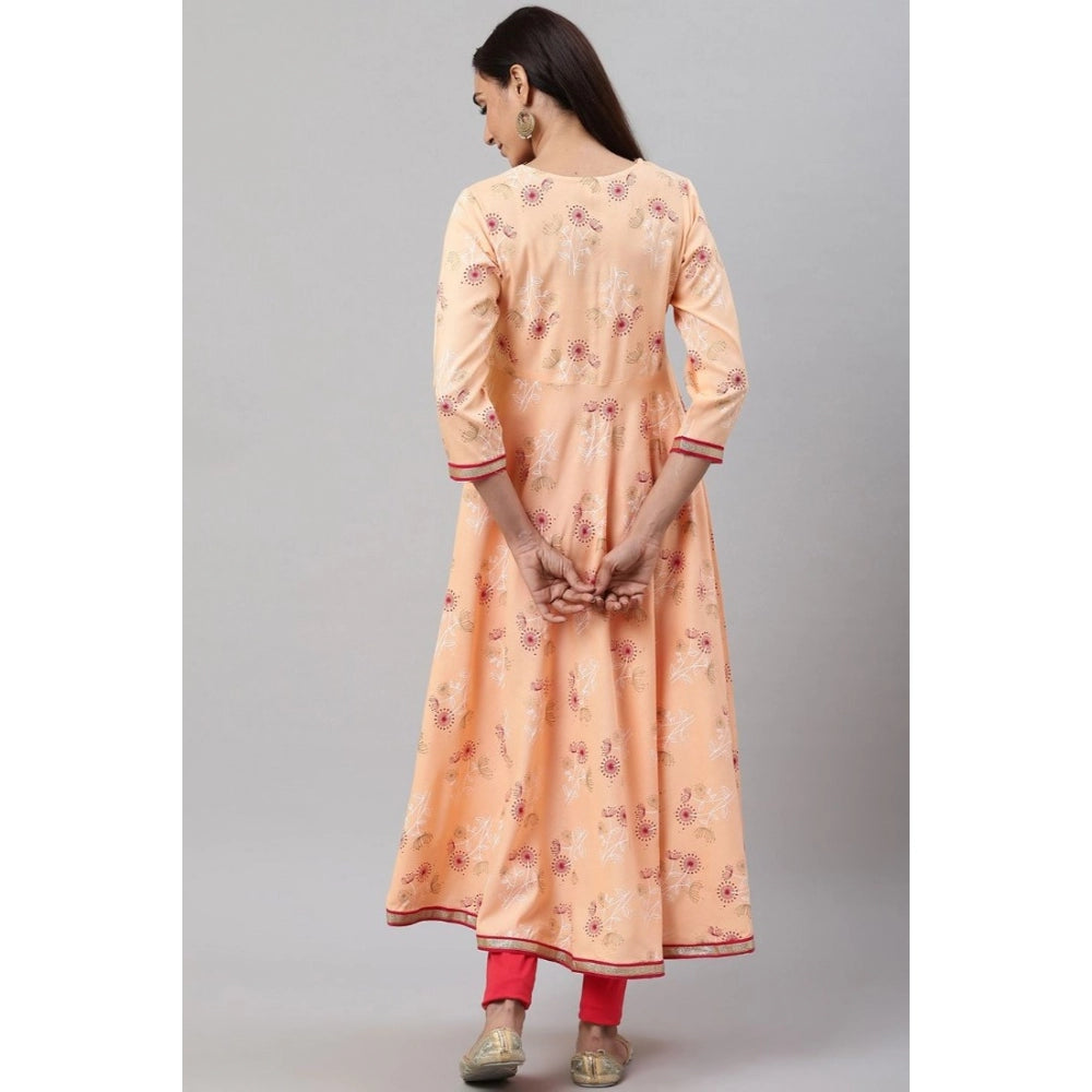 Women's Casual 3/4 Th Sleeve Floral Printed Rayon Kurti — Peach