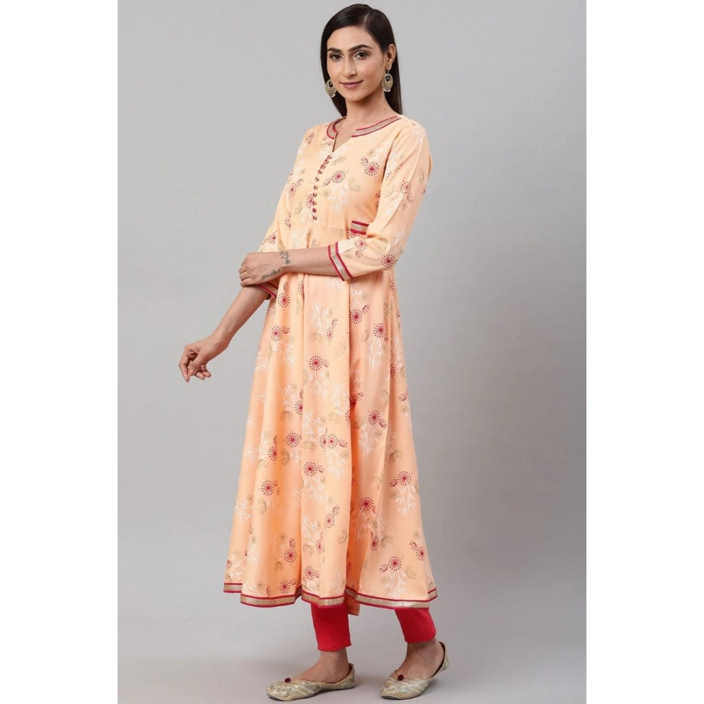 Women's Casual 3/4 Th Sleeve Floral Printed Rayon Kurti — Peach