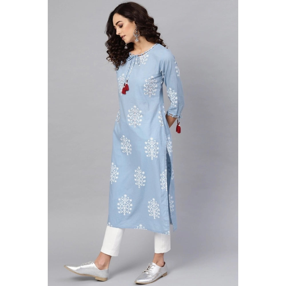 Women's Casual 3/4 Th Sleeve Embroidery Cambric Cotton Kurti — Blue