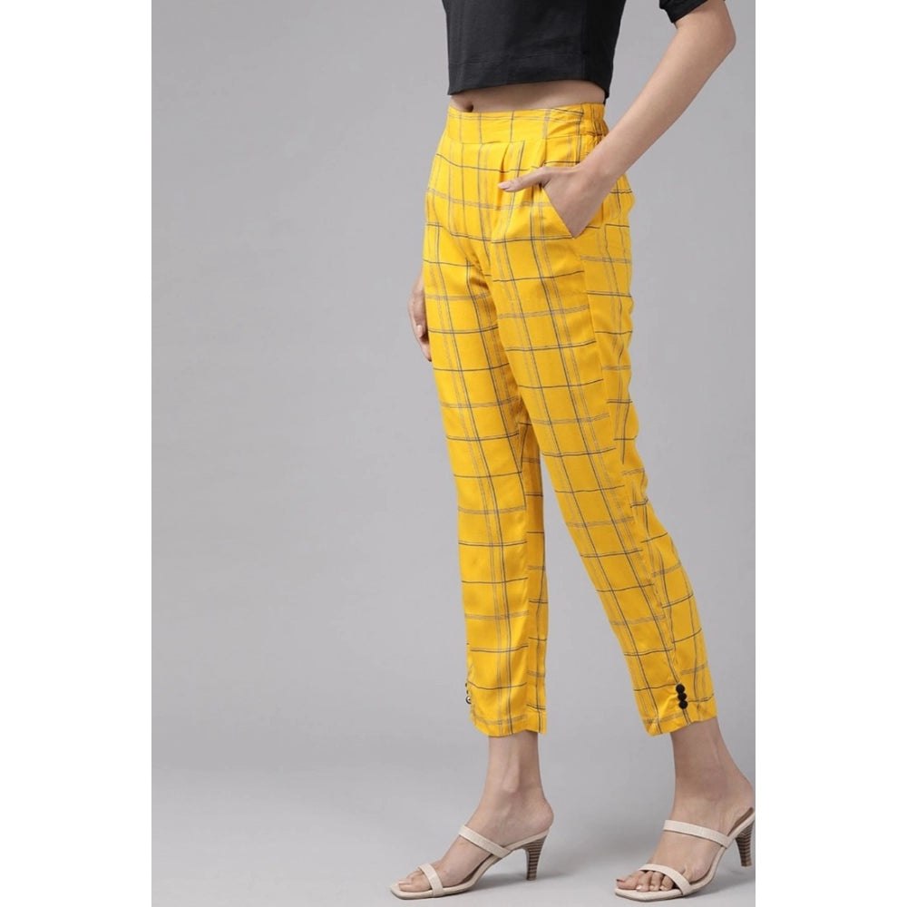 Women's Casual Checked Rayon Trouser Pant — Yellow