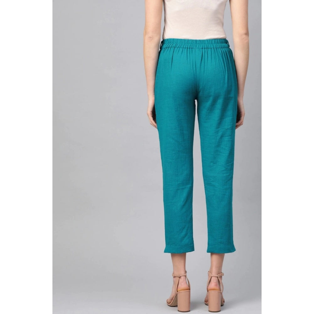 Women's Casual Solid Cotton Slub Trouser Pant — Rama Blue