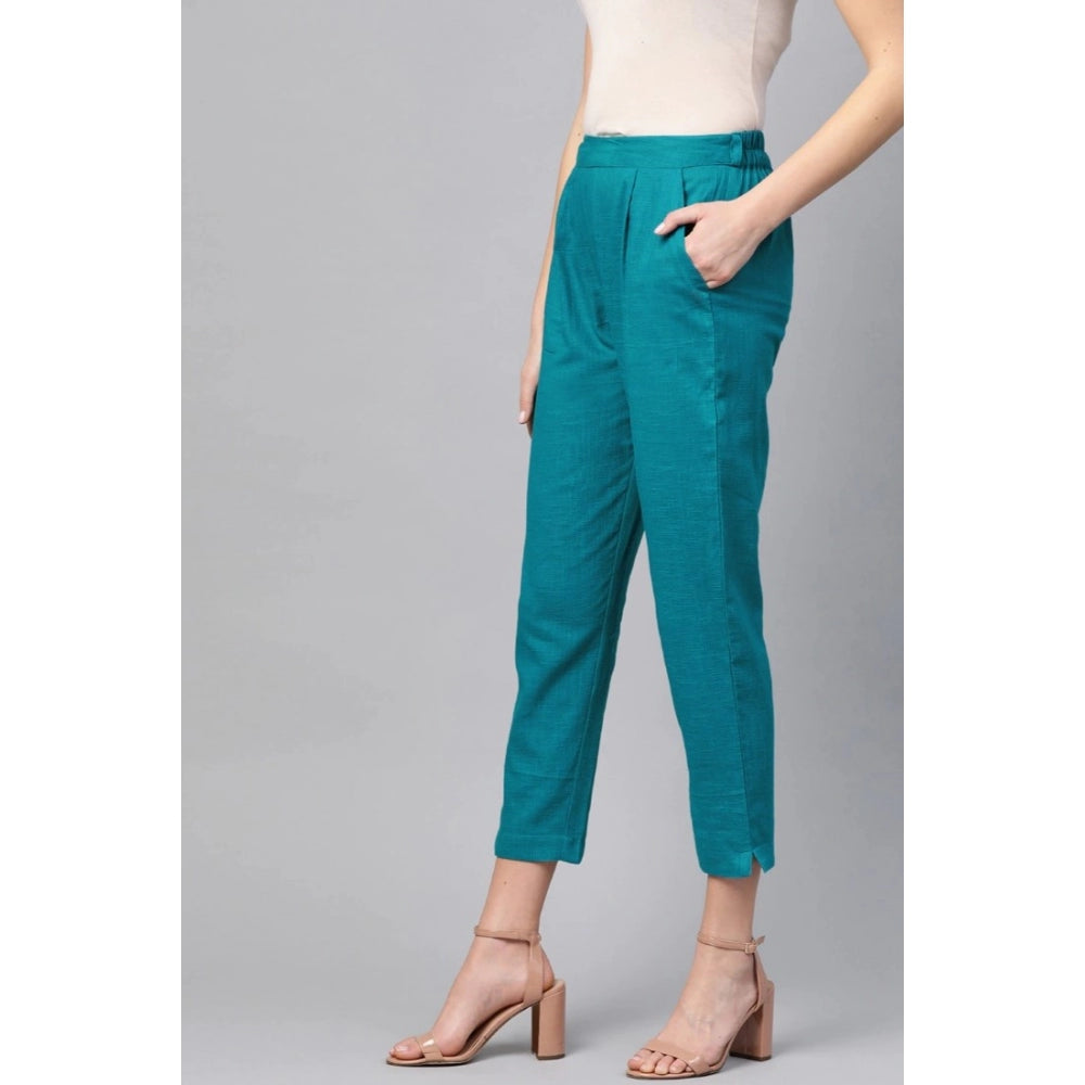 Women's Casual Solid Cotton Slub Trouser Pant — Rama Blue