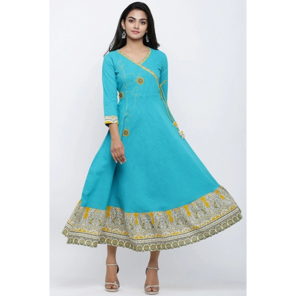 Women's Casual 3/4 Th Sleeve Embroidery Cotton Blend Kurti — Torque Green