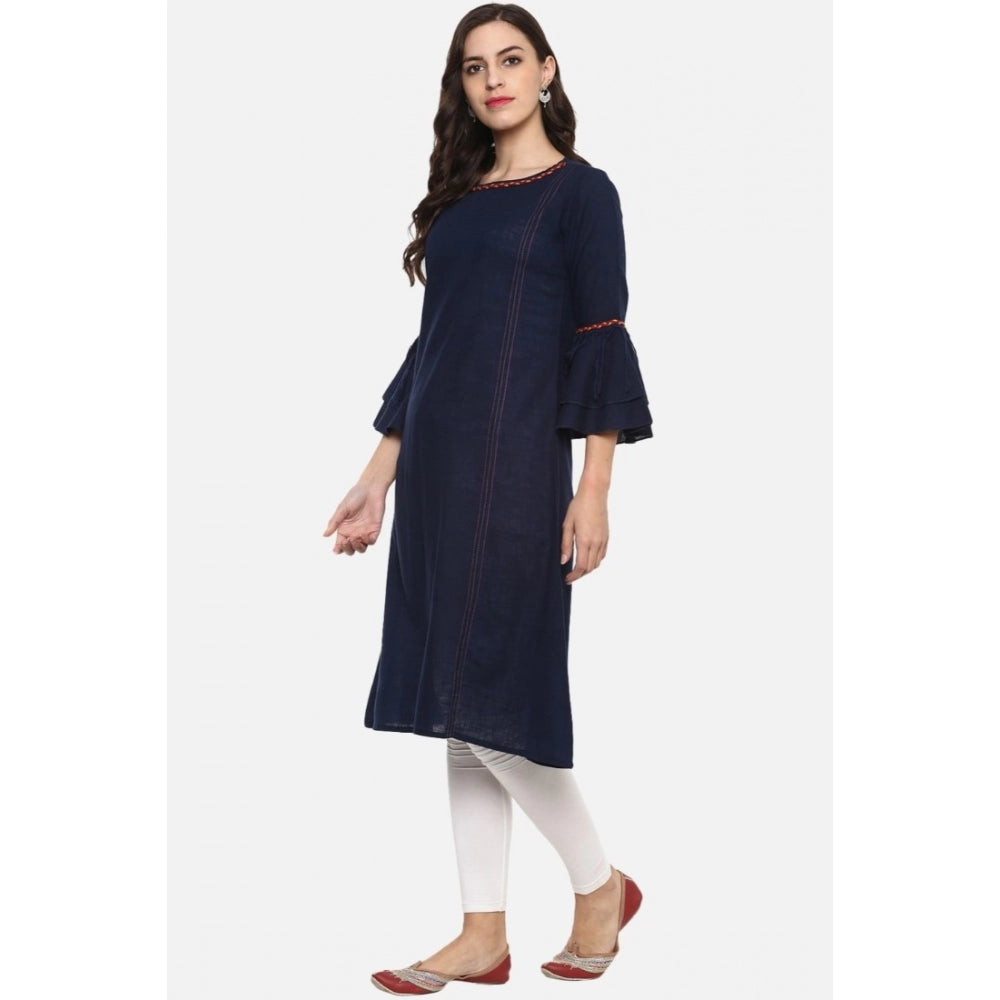 Women's Casual Bell Sleeves Solid Cotton Slub Kurti — Blue