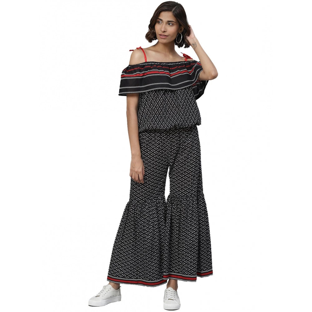 Women's Casual Shoulder Sleeve Geomatrical Printed Cotton Dress — Black