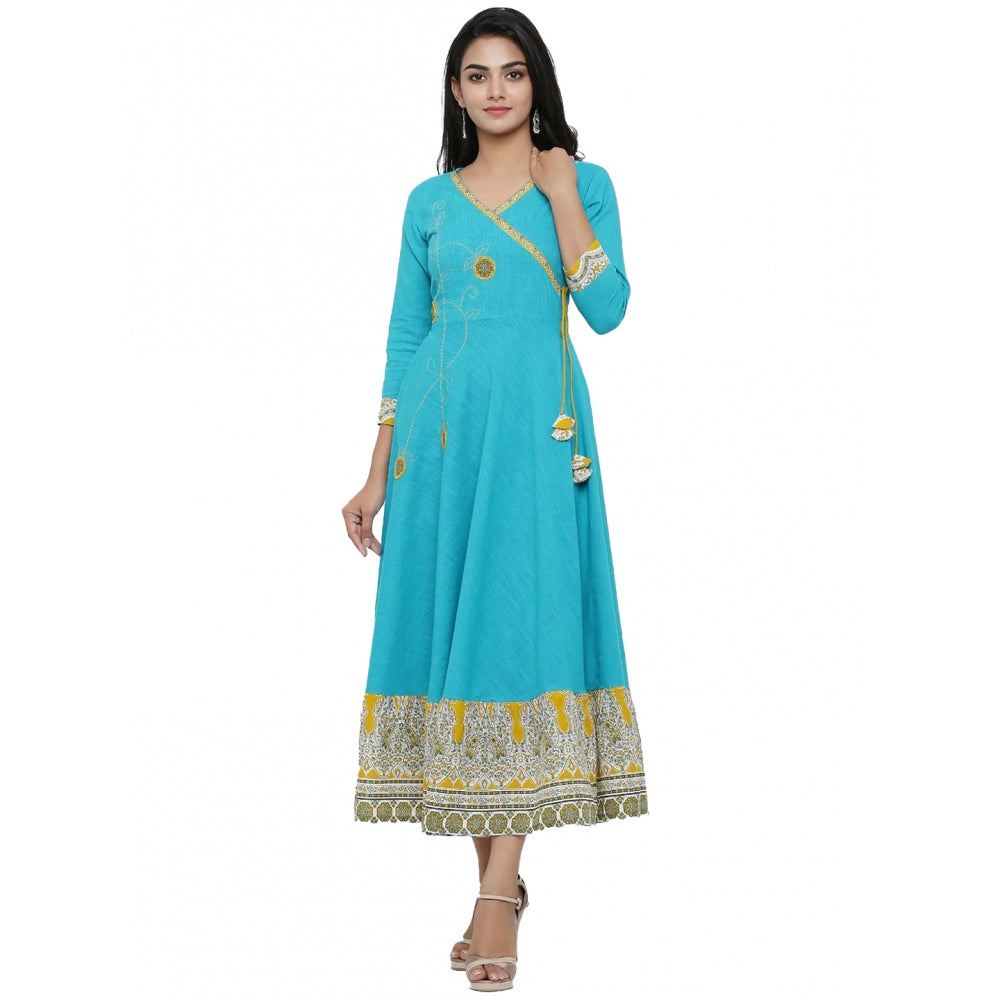 Women's Casual 3/4 Th Sleeve Embroidery Cotton Blend Kurti — Torque Green