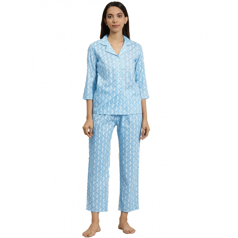 Women's Casual 3/4 Th Sleeve Floral Printed Rayon Shirt — Blue