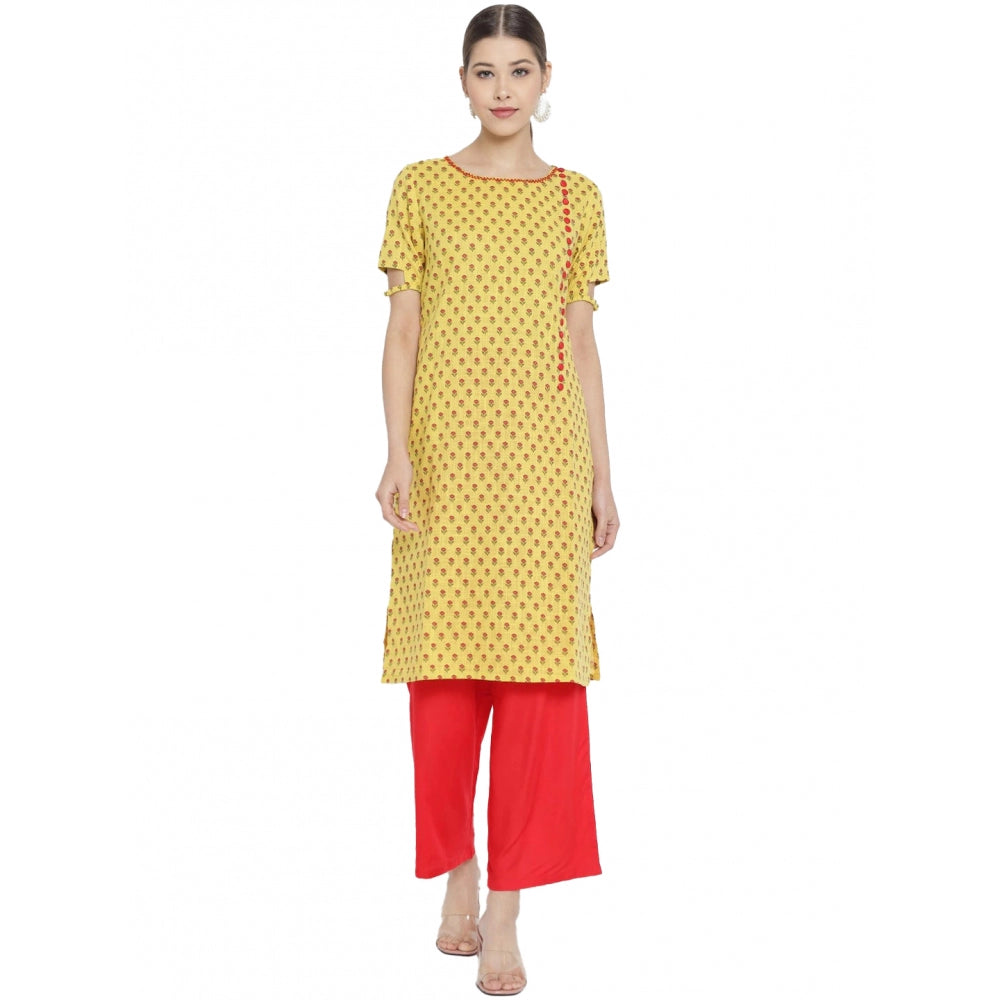 Women's Casual Short Sleeves Floral Printed Cotton & Rayon — Yellow & Red