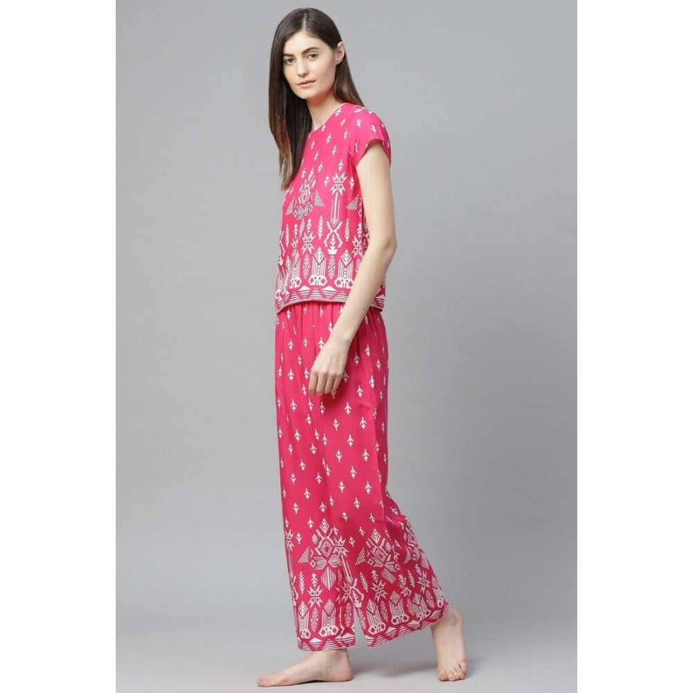 Women's Casual Short Sleeve Printed Rayon Pajama Set — Pink