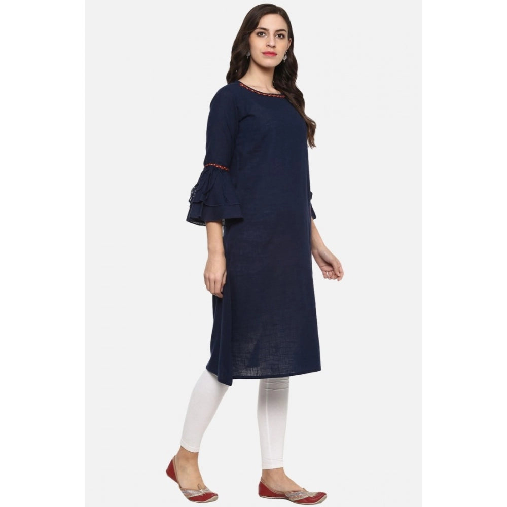 Women's Casual Bell Sleeves Solid Cotton Slub Kurti — Blue