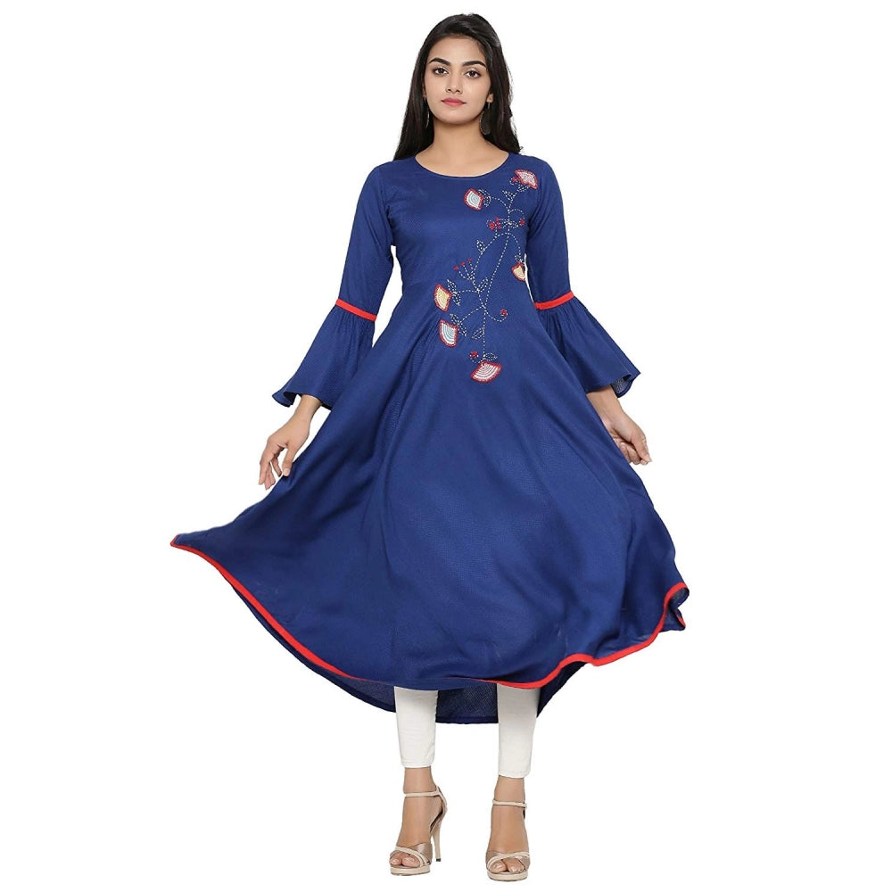 Women's Casual Bell Sleeves Embroidery Rayon Kurti — Blue