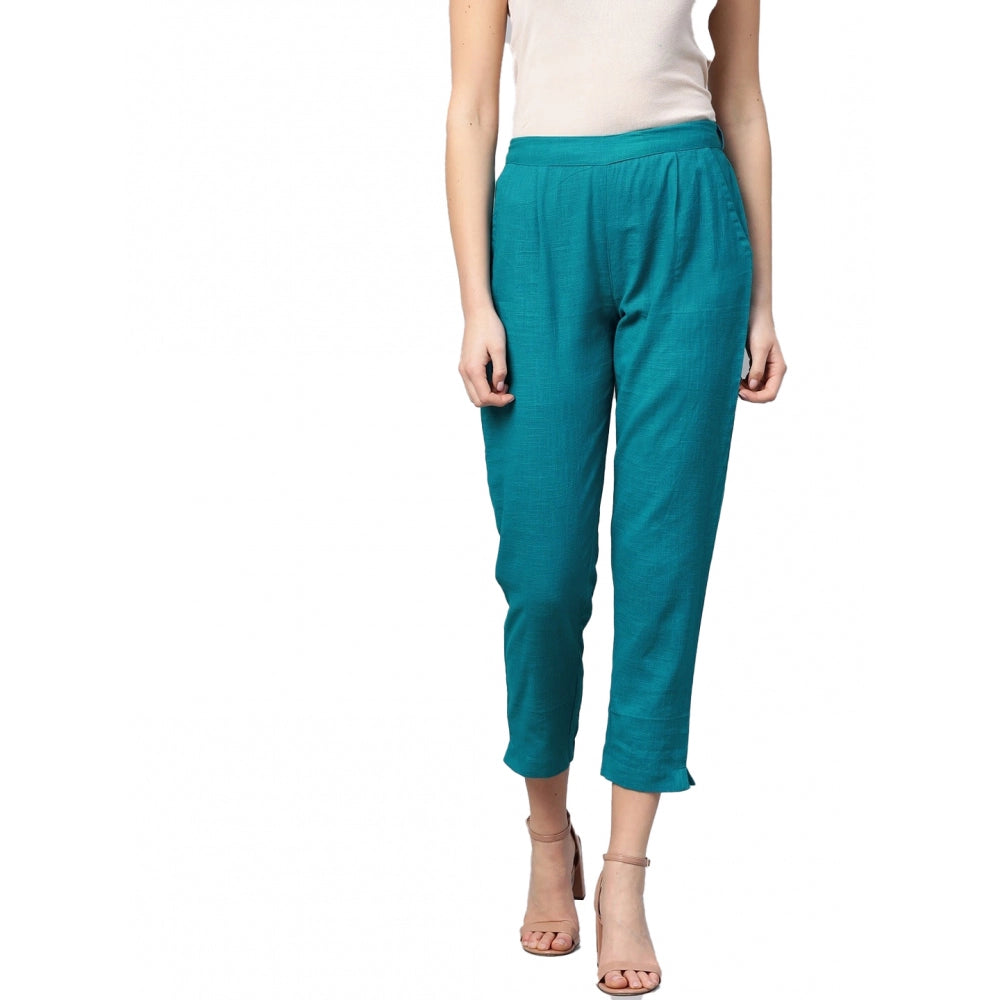 Women's Casual Solid Cotton Slub Trouser Pant — Rama Blue