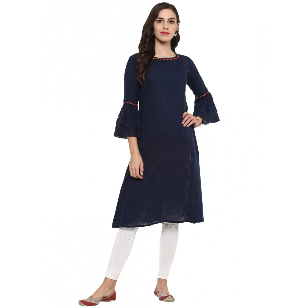 Women's Casual Bell Sleeves Solid Cotton Slub Kurti — Blue