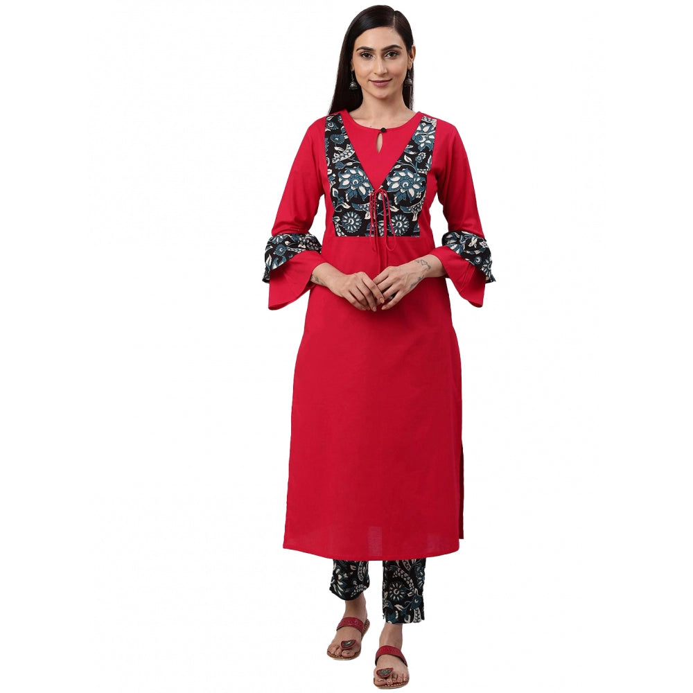 Women's Casual Bell Sleeves Floral Printed Cotton Kurti Set — Rani Pink
