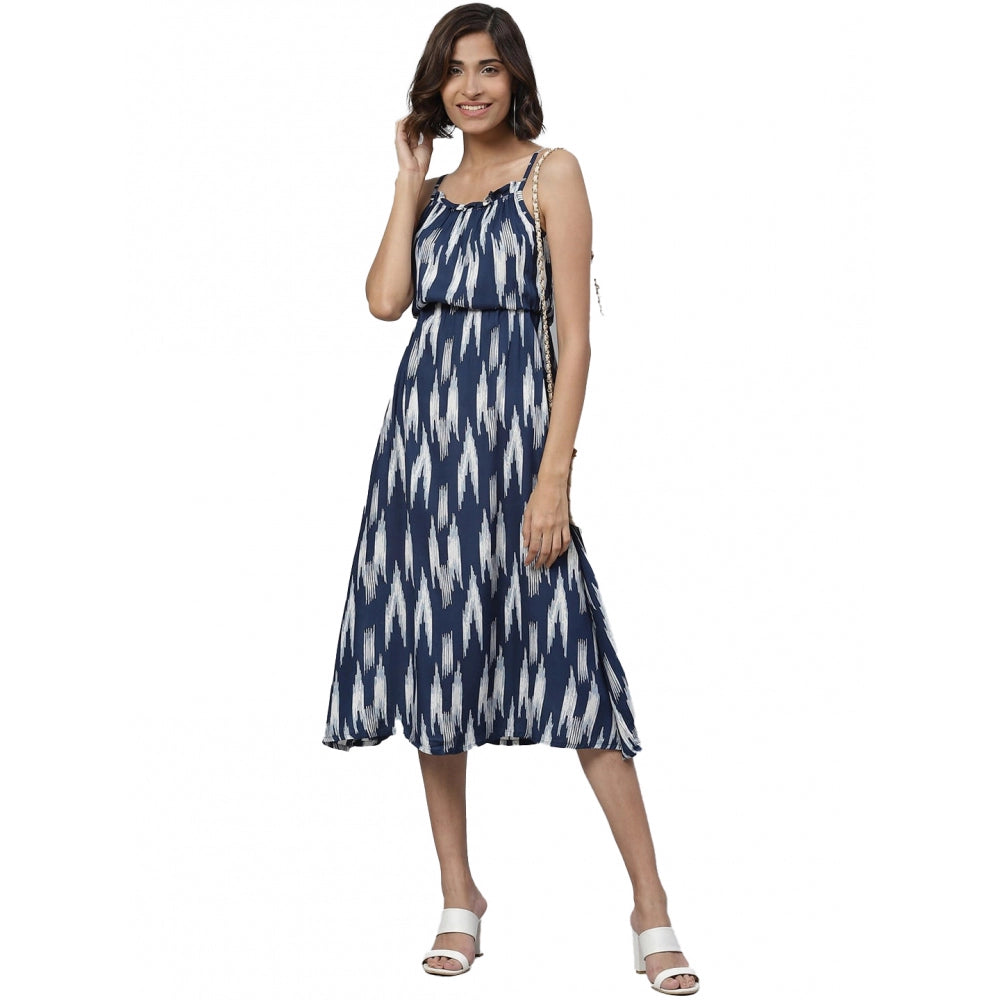 Women's Casual Sleeveless Ikat Print Rayon Dress — Blue