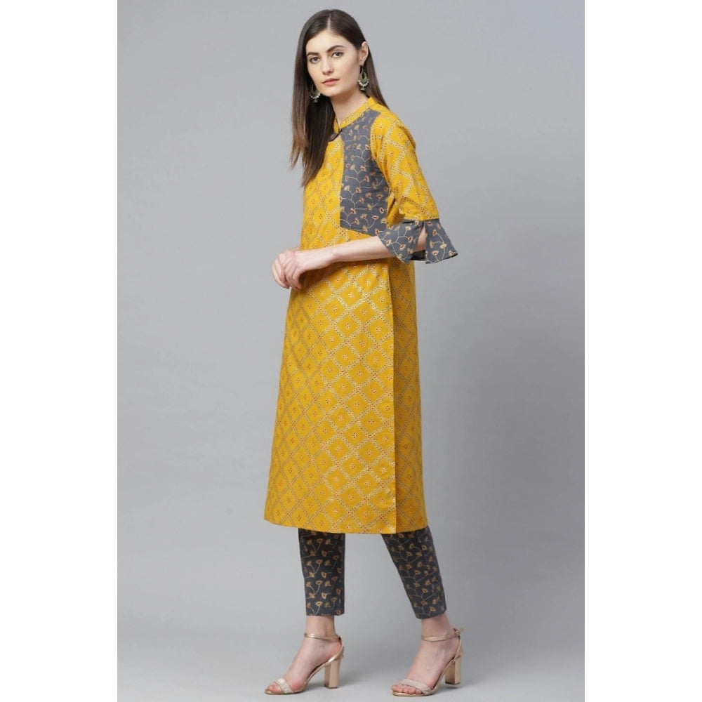 Women's Casual Bell Sleeves Geomatrical Printed Cotton Kurti Set — Yellow