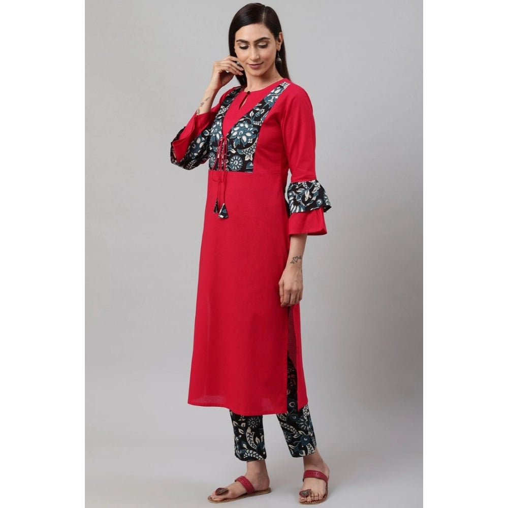 Women's Casual Bell Sleeves Floral Printed Cotton Kurti Set — Rani Pink