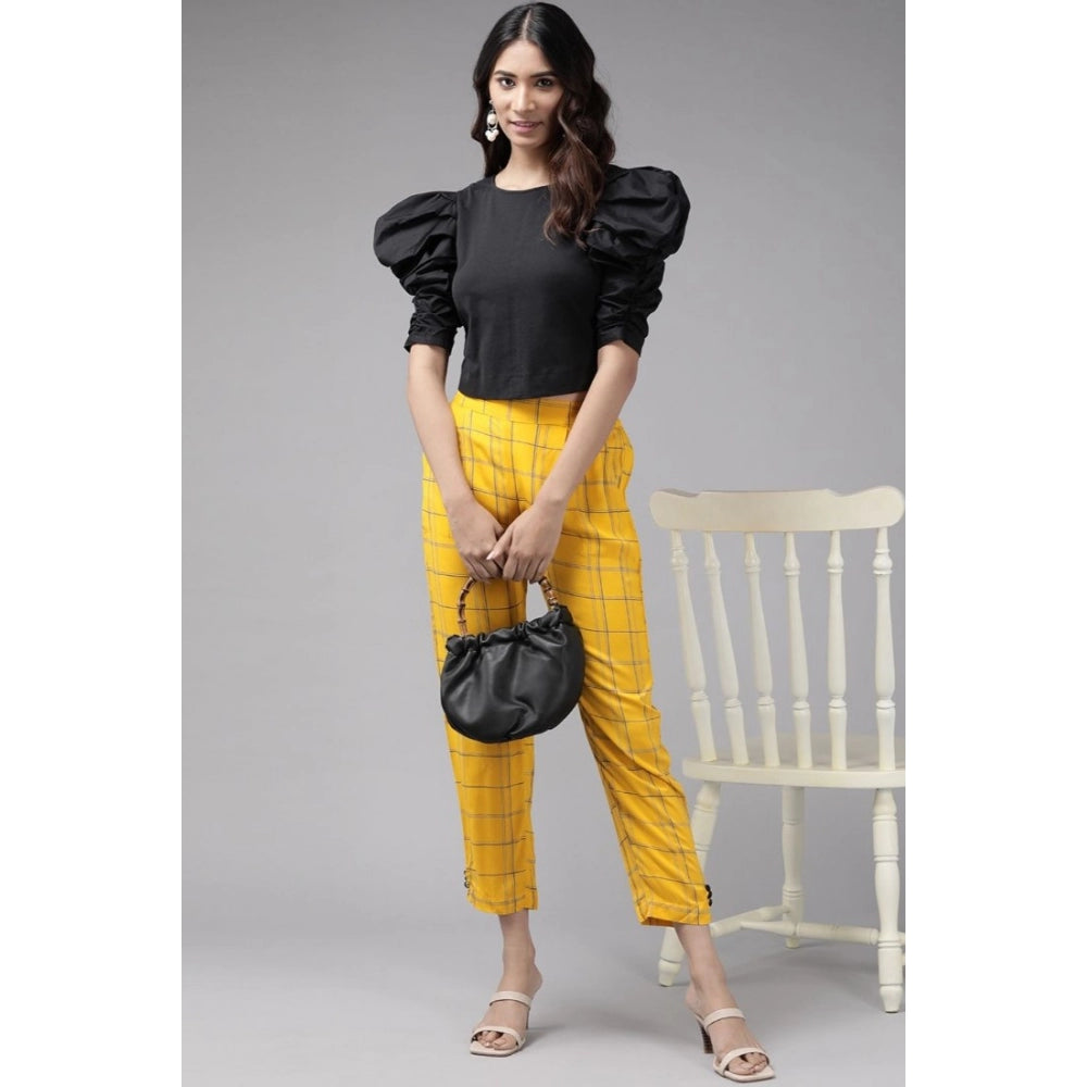 Women's Casual Checked Rayon Trouser Pant — Yellow