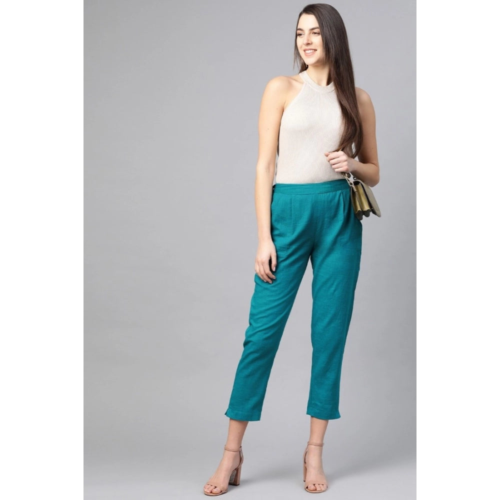 Women's Casual Solid Cotton Slub Trouser Pant — Rama Blue