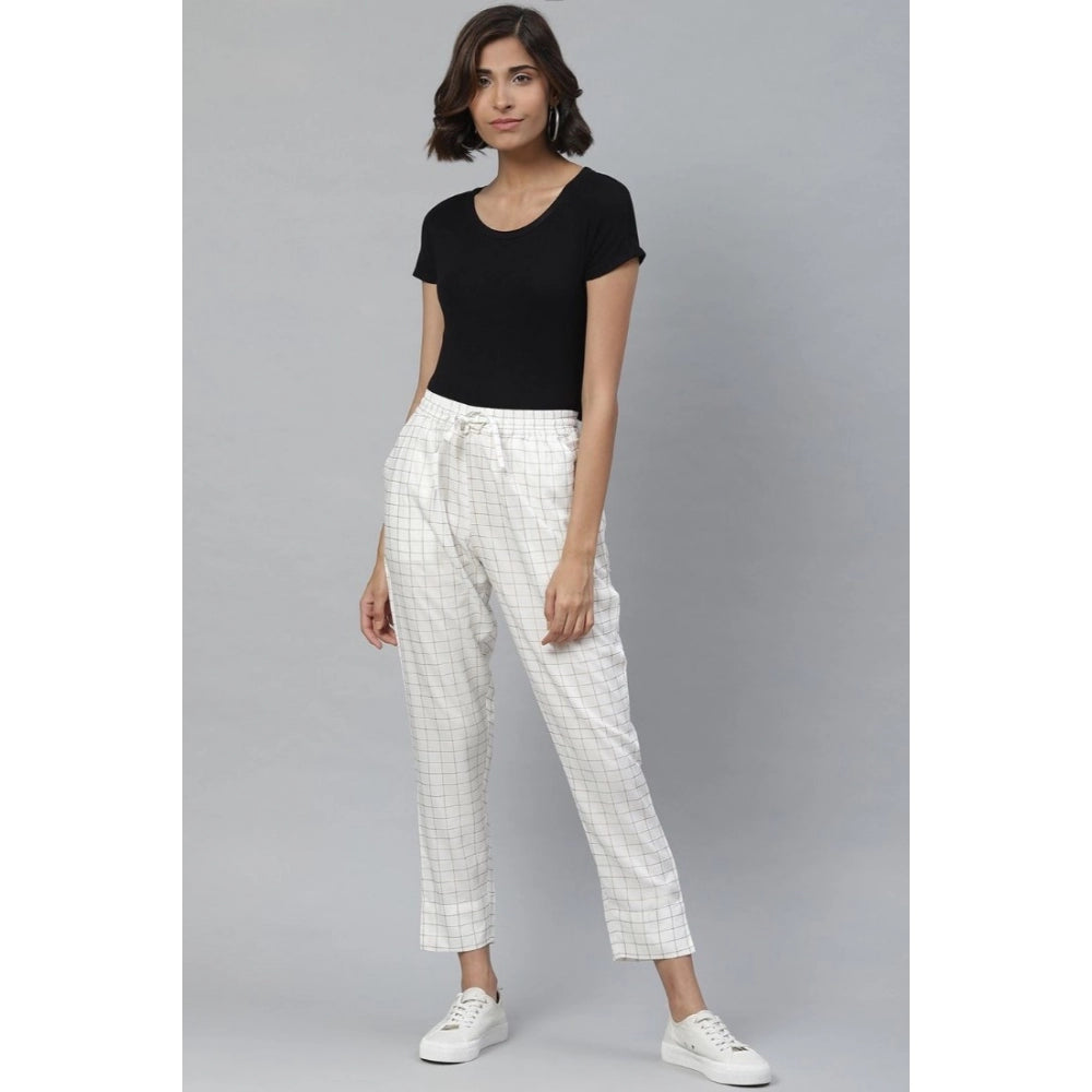 Women's Casual Checked Rayon Trouser Pant — White