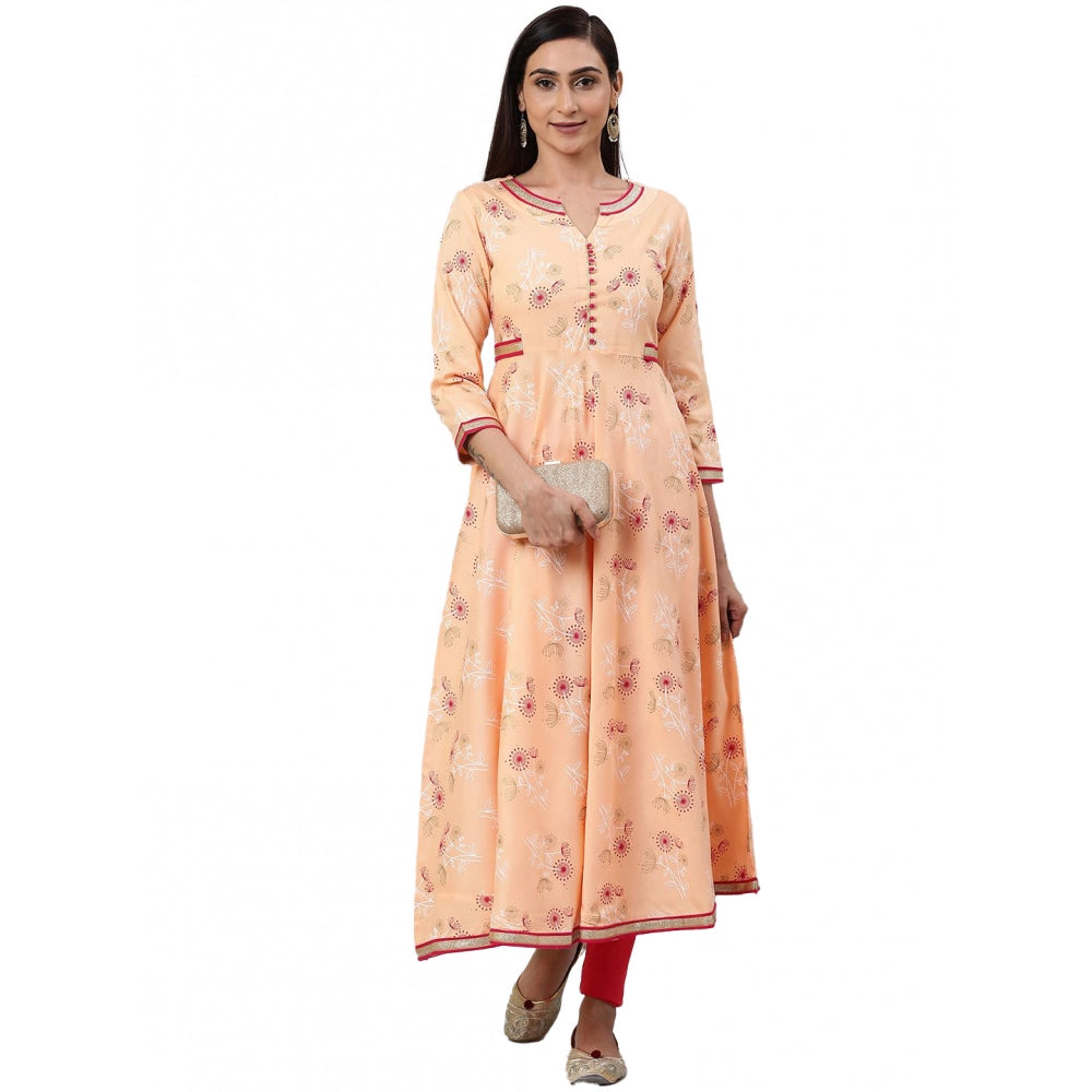 Women's Casual 3/4 Th Sleeve Floral Printed Rayon Kurti — Peach