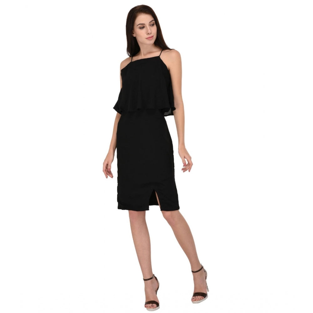 Women's Cotton Blend Solid Sleeveless Dress — Black