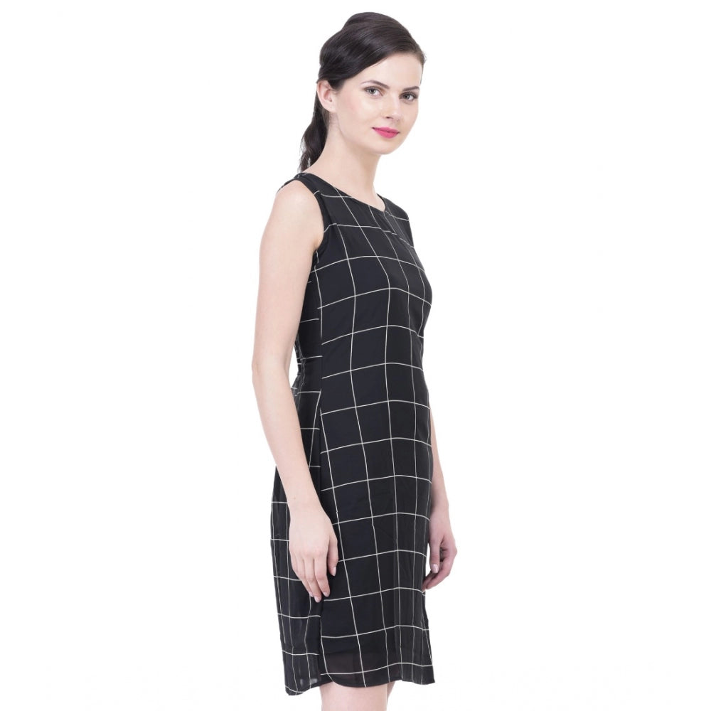 Women's Cotton Blend Checked Sleeveless Sheath Dress — Black