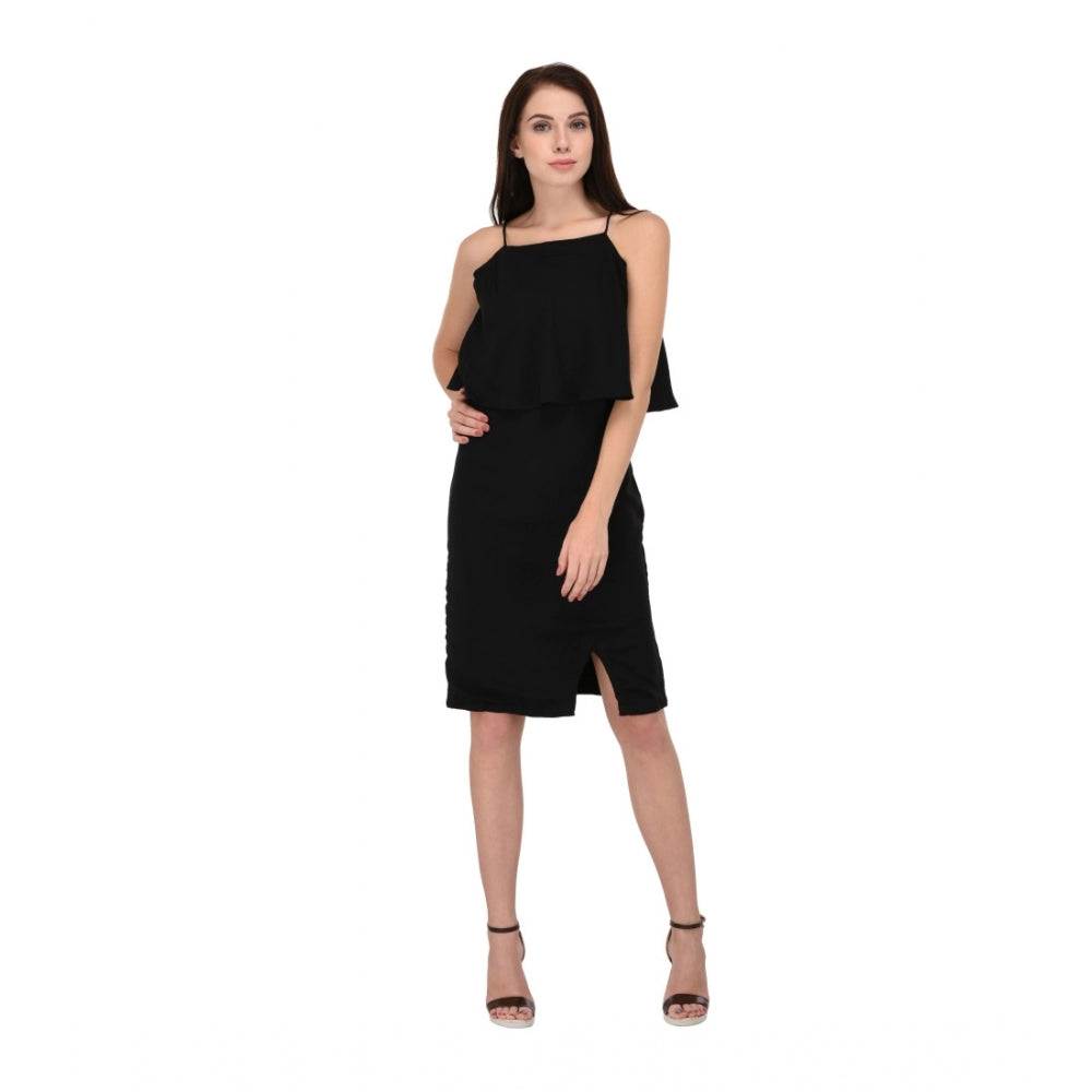 Women's Cotton Blend Solid Sleeveless Dress — Black