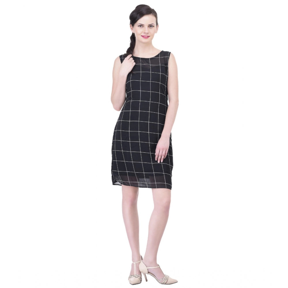 Women's Cotton Blend Checked Sleeveless Sheath Dress — Black