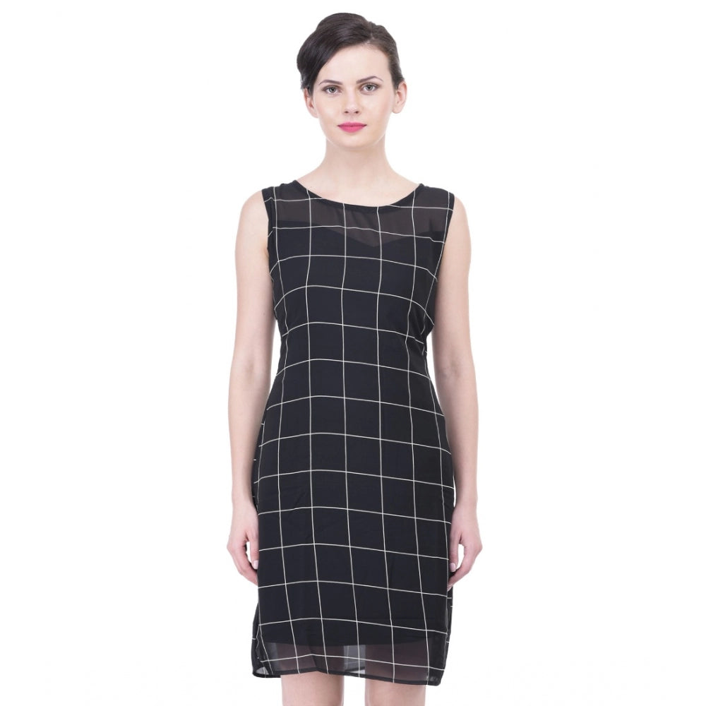 Women's Cotton Blend Checked Sleeveless Sheath Dress — Black