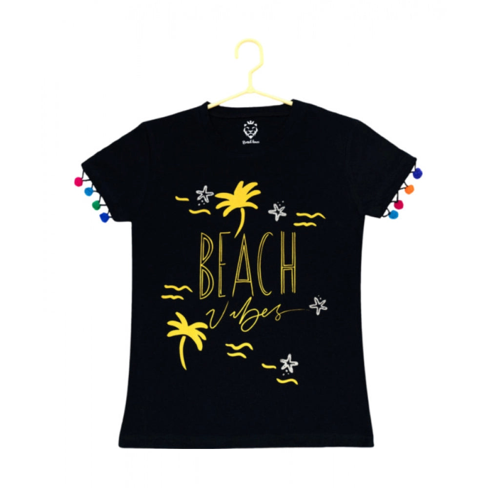 Girl's Casual Short Sleeve Printed Cotton T-Shirt — Black