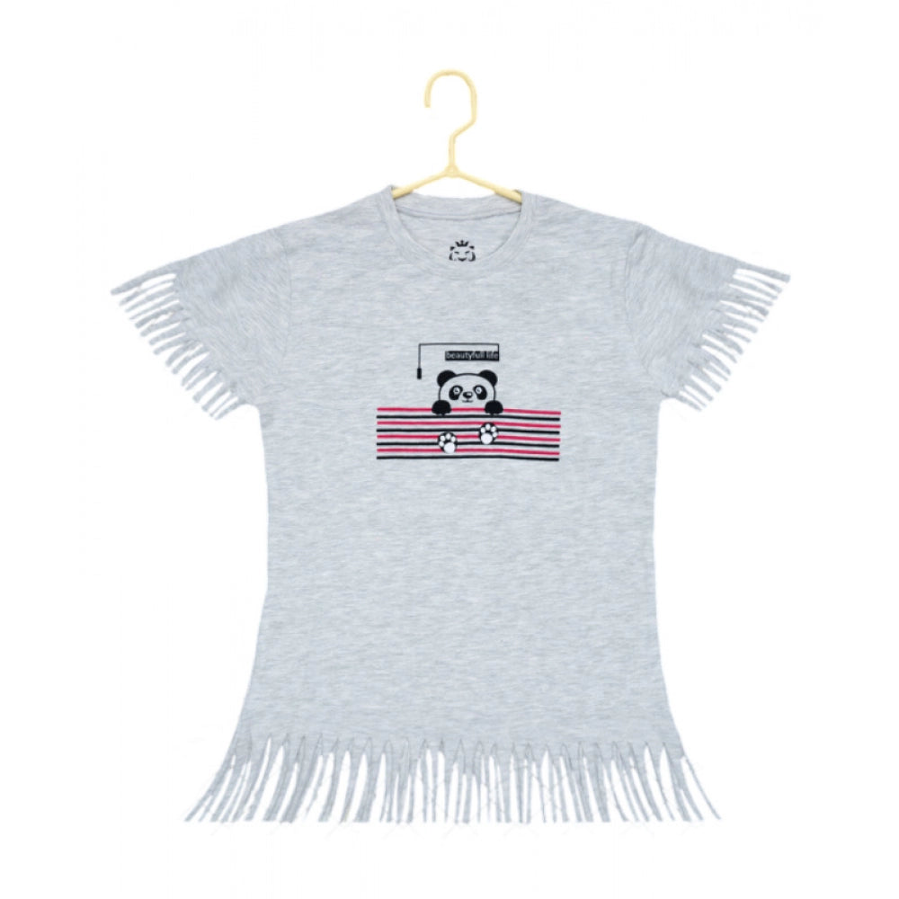 Girl's Casual Short Sleeve Printed Cotton T-Shirt — Grey