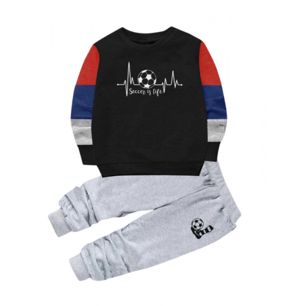 Boy's Casual Full Sleeve Printed Cotton T-Shirt — Black