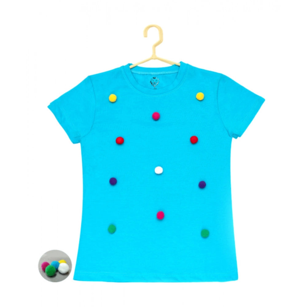 Girl's Casual Short Sleeve Pom Pom Balls Cotton T — Blue