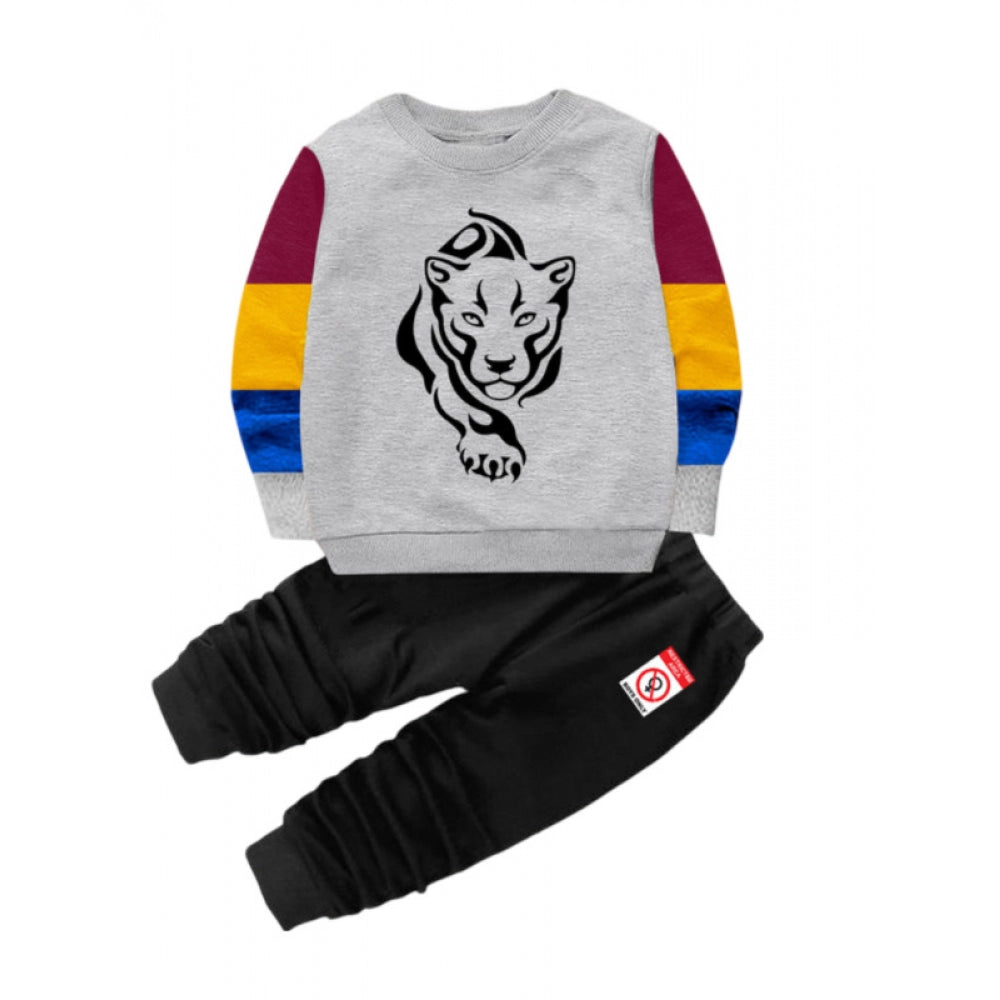 Boy's Casual Full Sleeve Printed Cotton T-Shirt — Grey