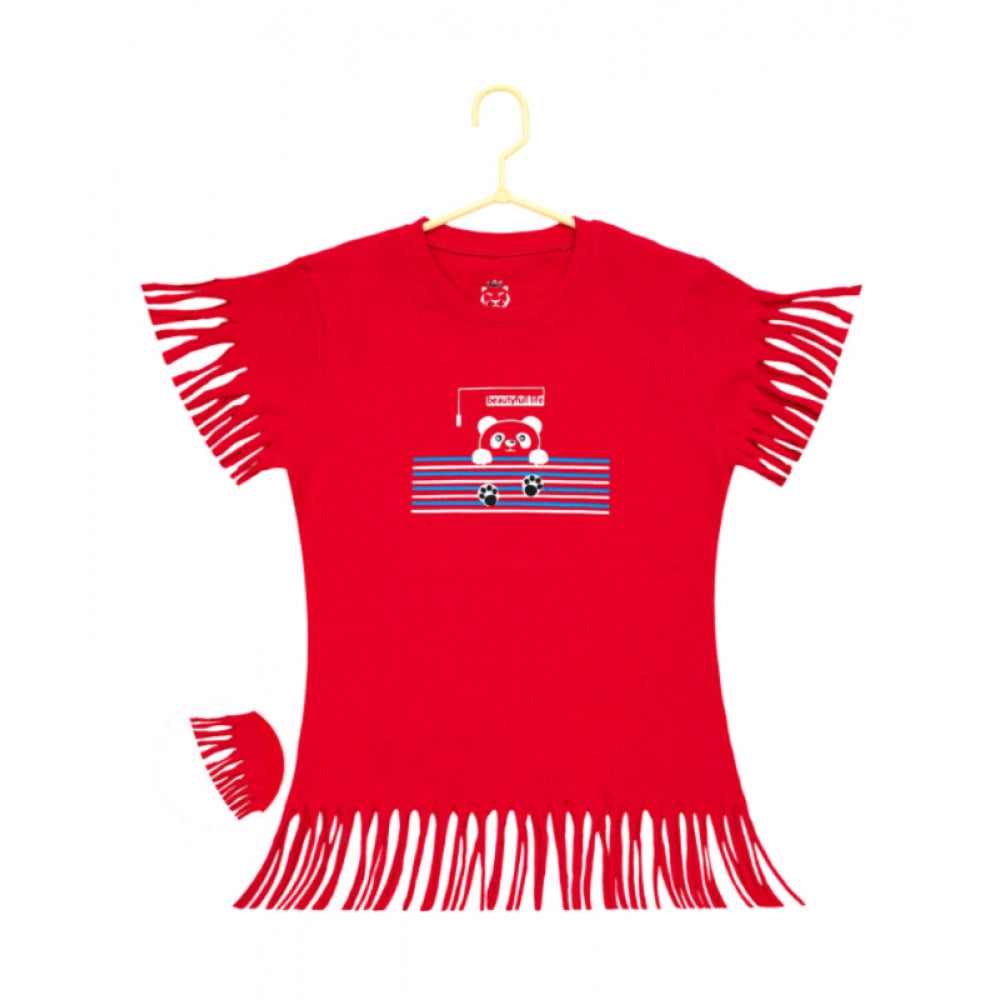Girl's Casual Short Sleeve Printed Cotton T-Shirt — Red