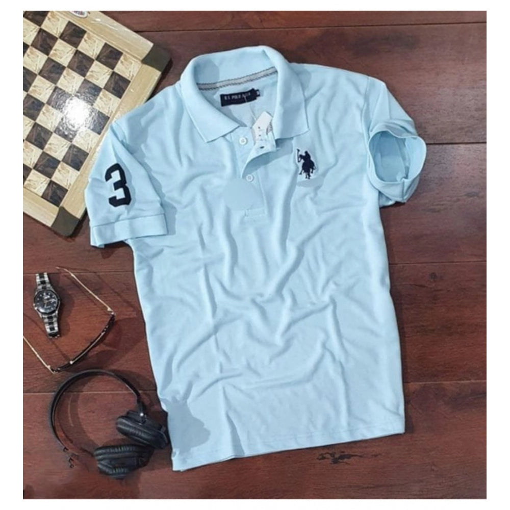 Men's Casual Half Sleeve Solid Cotton Polo Neck T-Shirt — Sky Blue