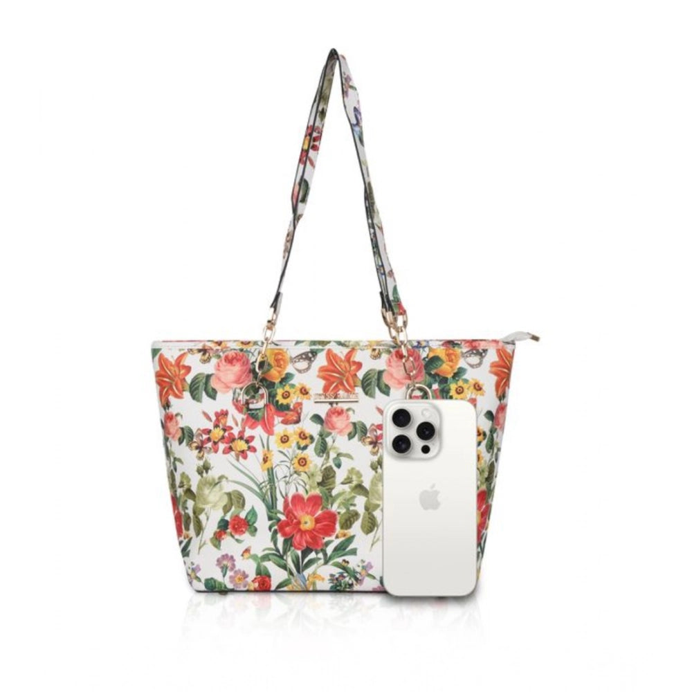 Women's Faux Leather Printed Tote Bag — White Orang
