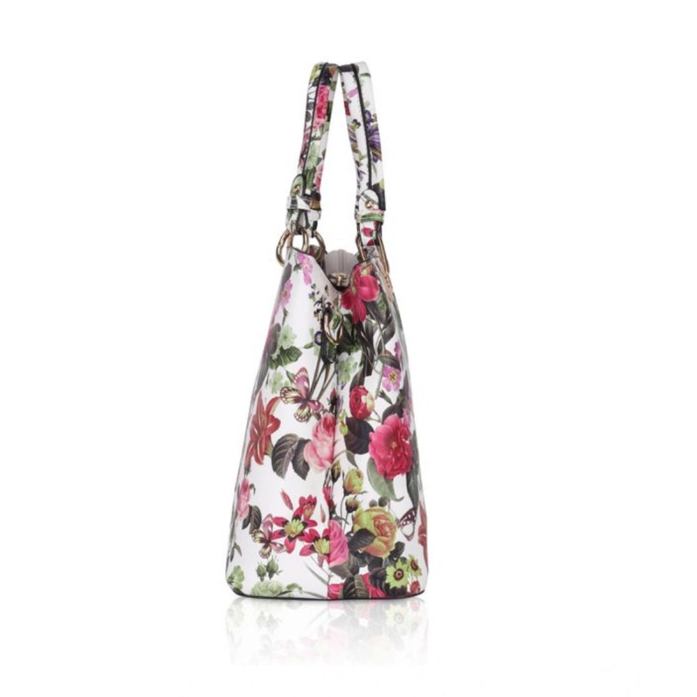 Women's Faux Leather Printed Handheld Bag — White Pink