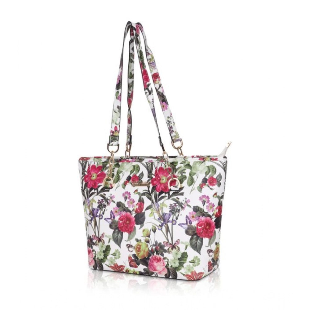 Women's Faux Leather Printed Tote Bag — White Pink