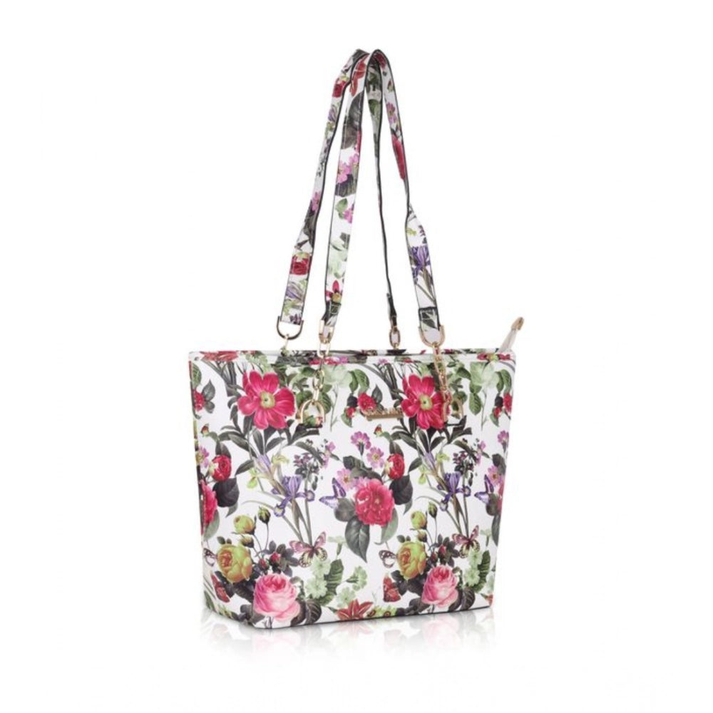 Women's Faux Leather Printed Tote Bag — White Pink