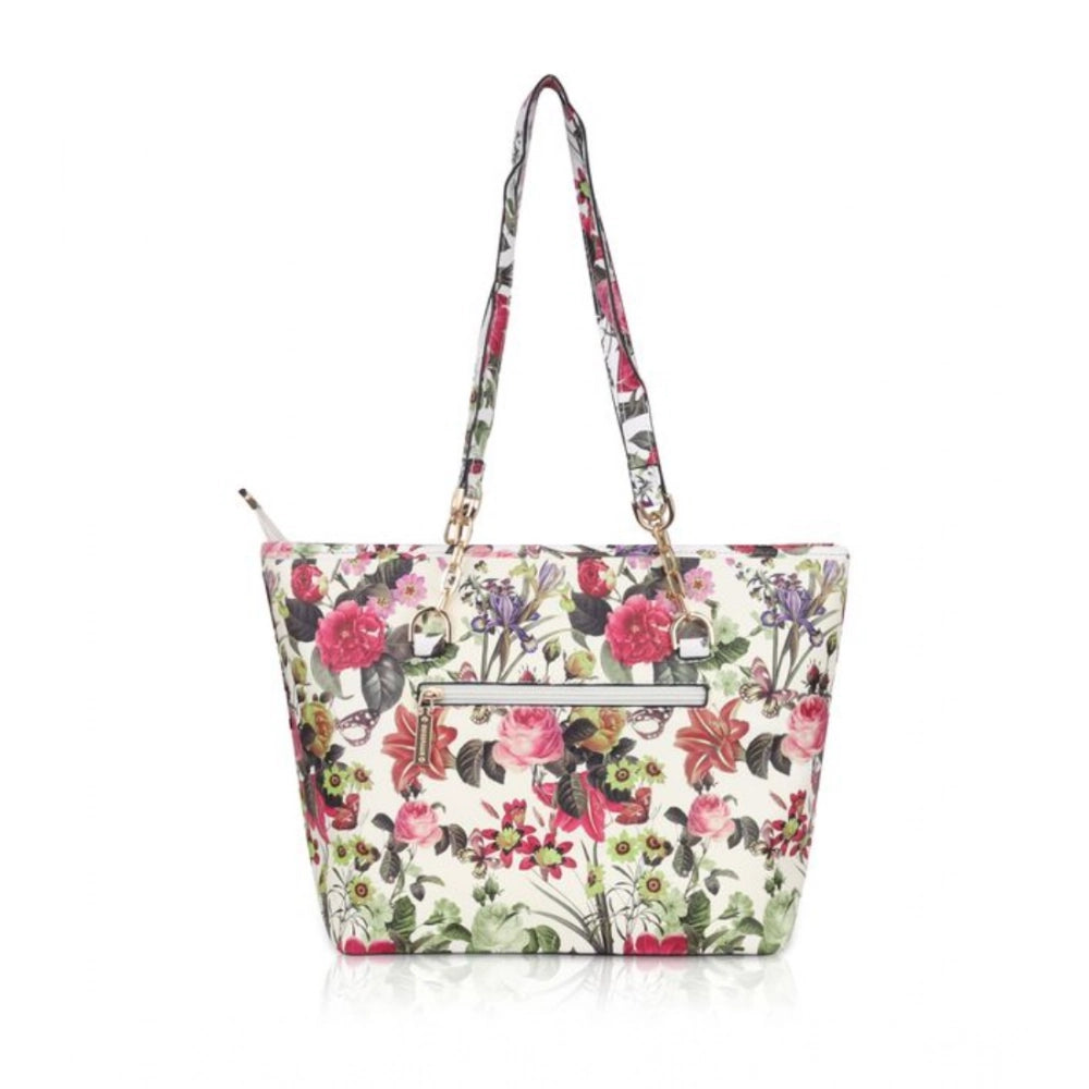 Women's Faux Leather Printed Tote Bag — White Pink
