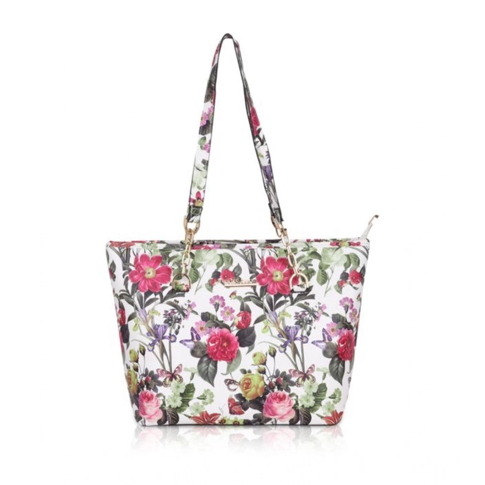 Women's Faux Leather Printed Tote Bag — White Pink