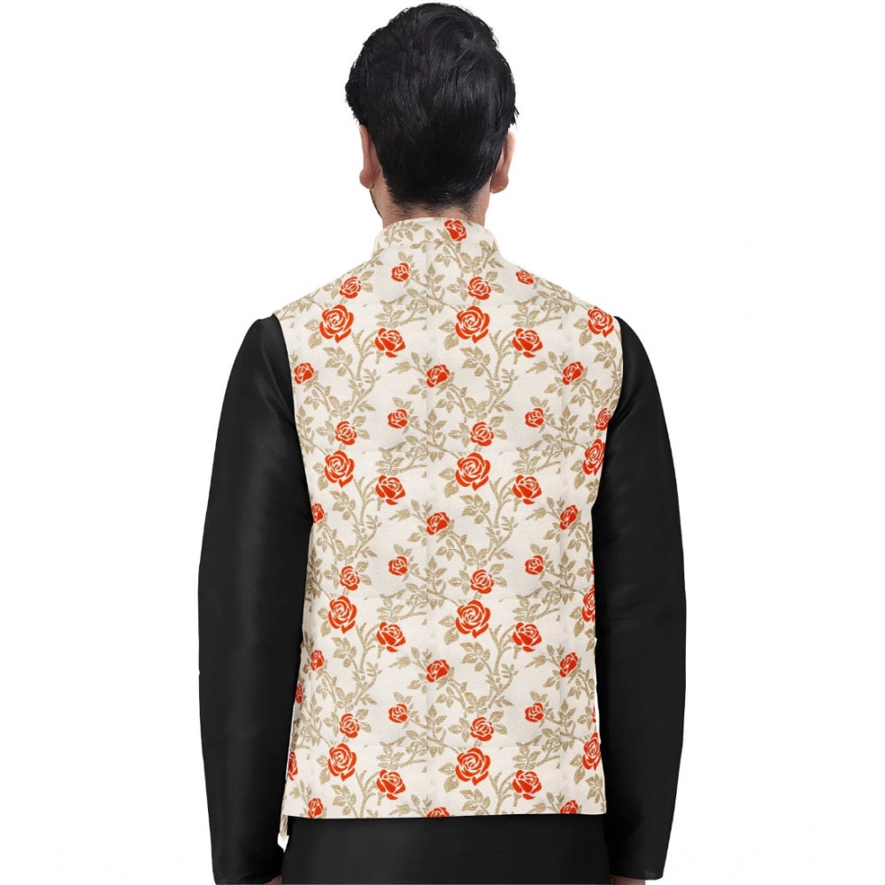 Men's Jacquard Printed Full Sleeve Waistcoat — Orange-Beige