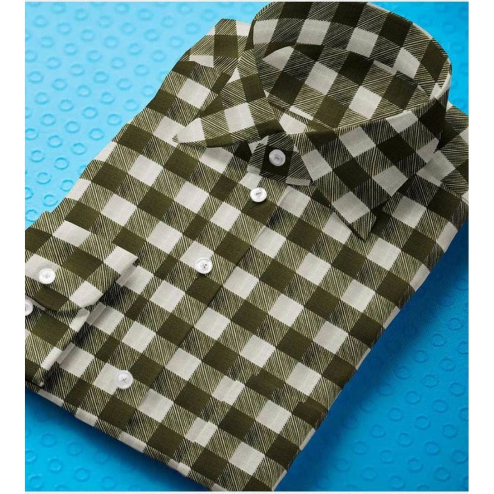 Men's Cotton Blended Checked Full Sleeve Shirt — White-Green