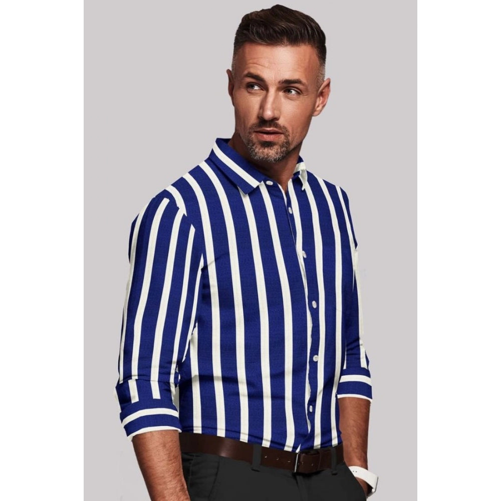 Men's Cotton Blended Striped Full Sleeve Shirt — White-Blue