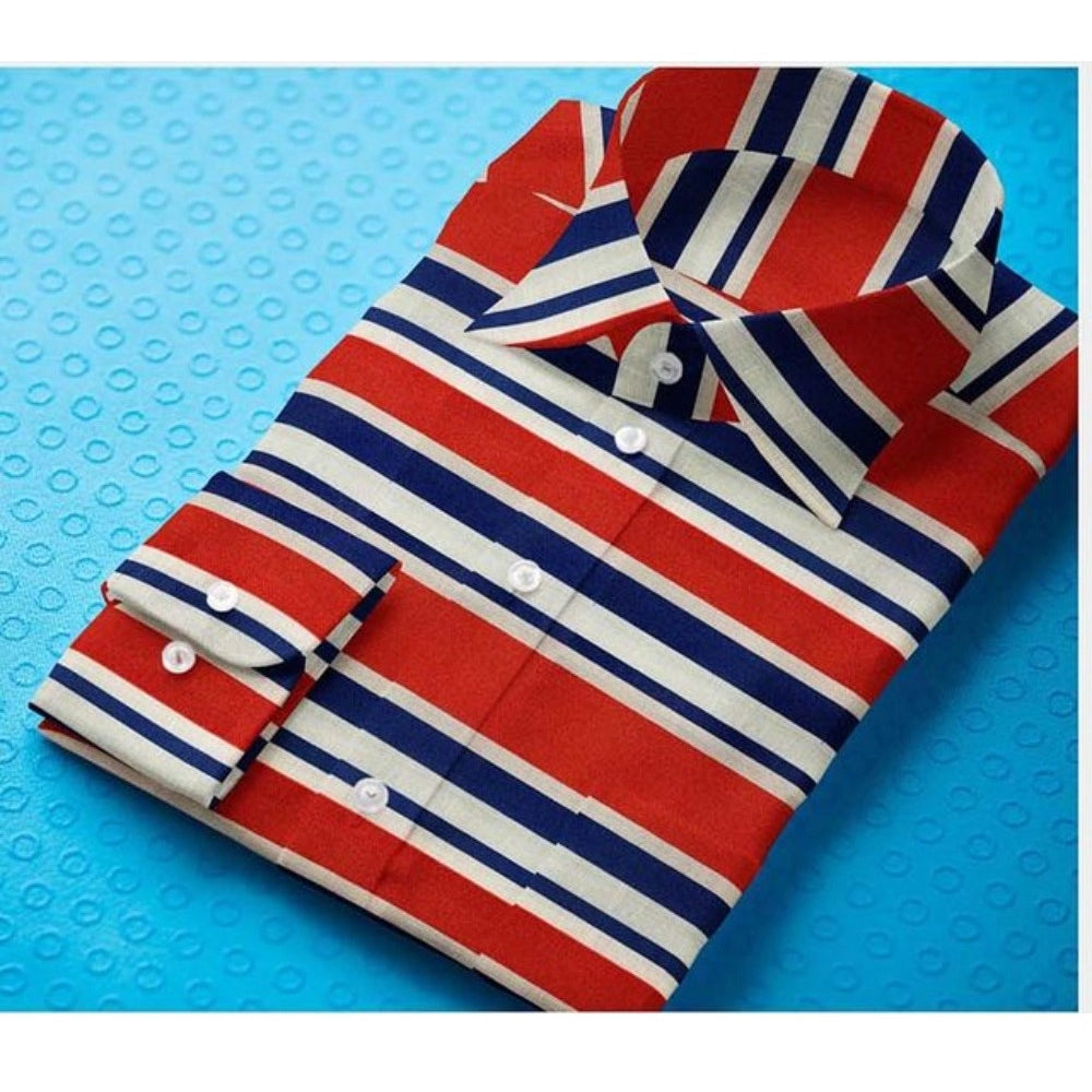 Men's Cotton Blended Striped Full Sleeve Shirt — Red-Blue